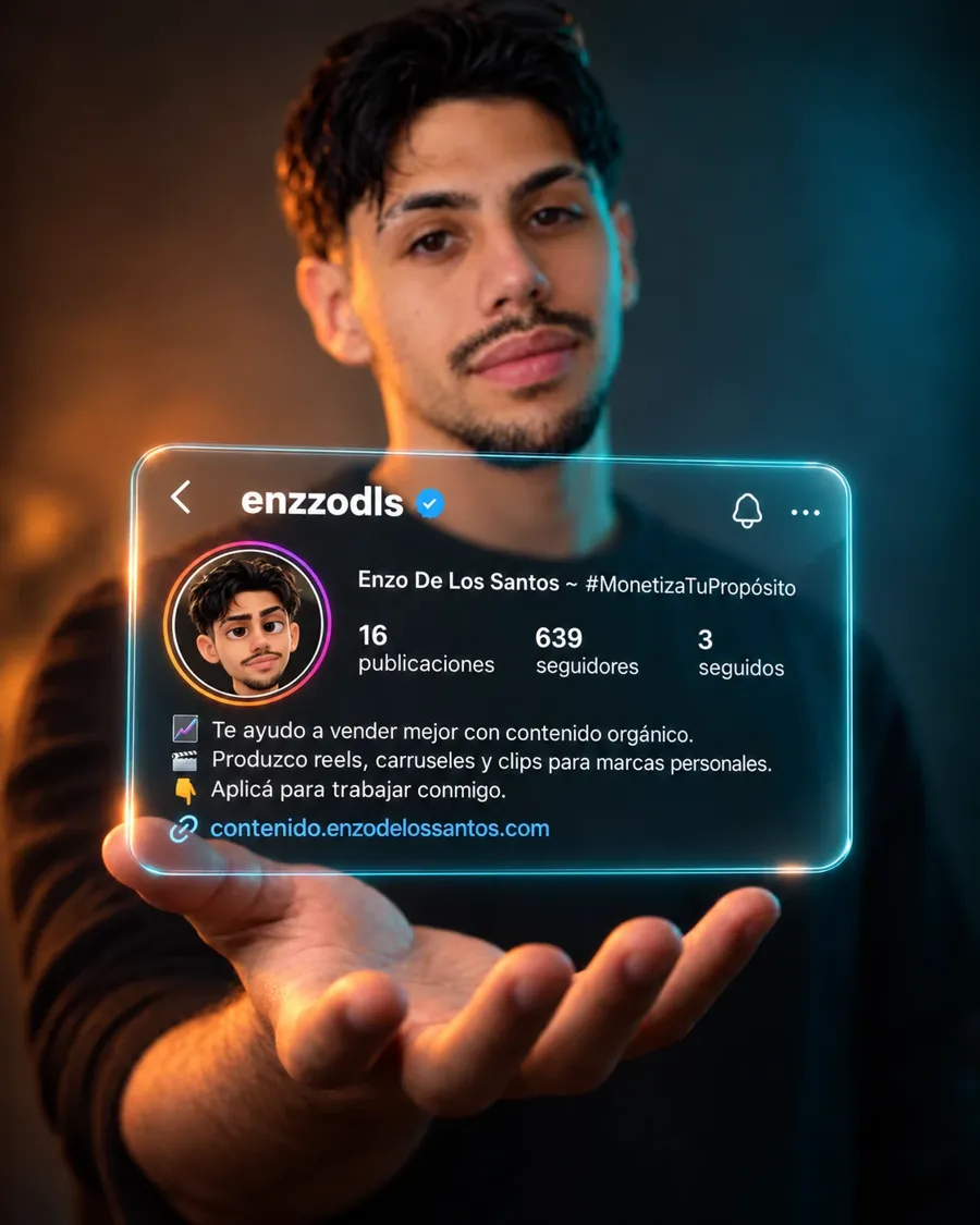 Enzo sosteniendo su perfil de Instagram @enzzodls, con su emote como foto de perfil: produce reels, carruseles y clips para marcas personales
